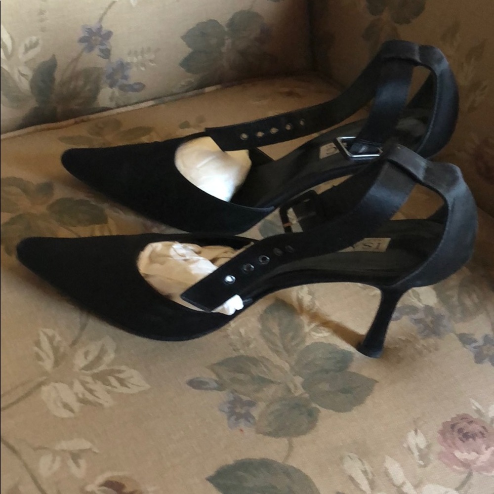 Black satin ankle-strapped heels